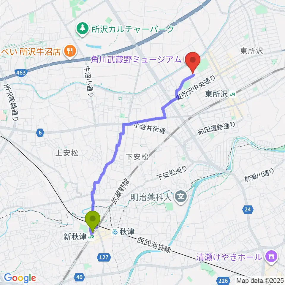 新秋津駅からところざわサクラタウン・ジャパンパビリオンへのルートマップ地図