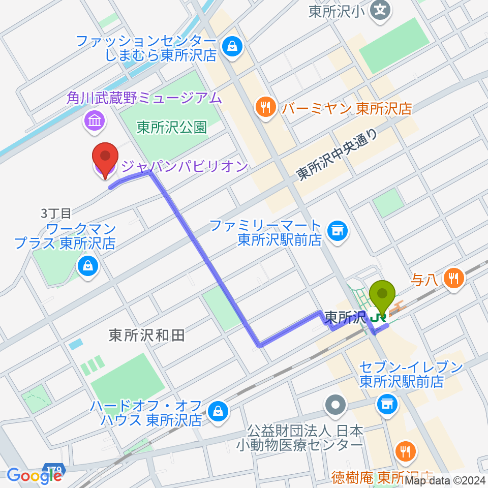 ところざわサクラタウン・ジャパンパビリオンの最寄駅東所沢駅からの徒歩ルート（約10分）地図