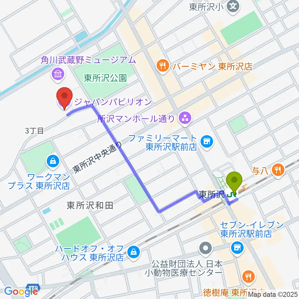 ところざわサクラタウン・ジャパンパビリオンの最寄駅東所沢駅からの徒歩ルート（約10分）地図