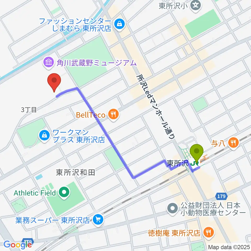 ところざわサクラタウン・ジャパンパビリオンの最寄駅東所沢駅からの徒歩ルート（約10分）地図