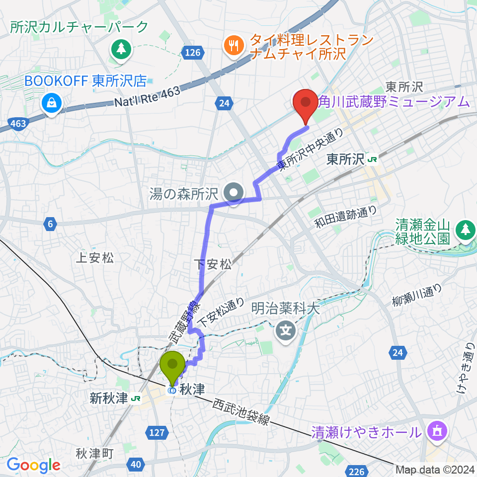 秋津駅からところざわサクラタウン・ジャパンパビリオンへのルートマップ地図