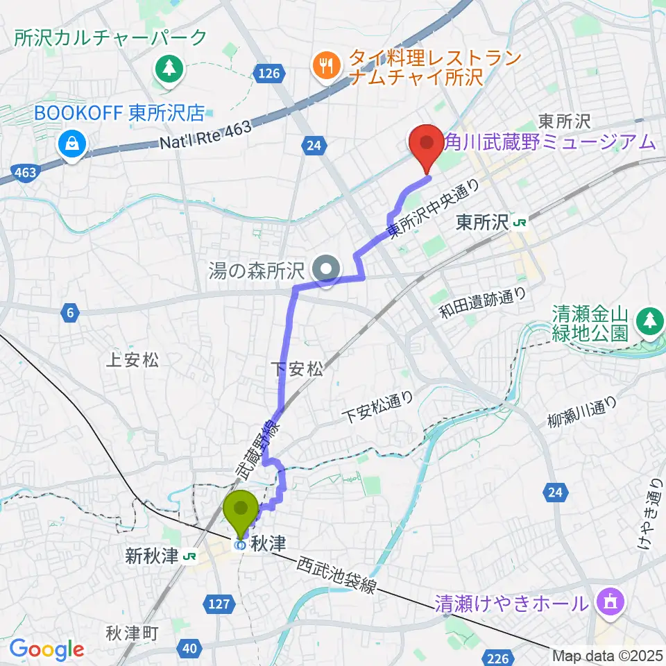 秋津駅からところざわサクラタウン・ジャパンパビリオンへのルートマップ地図