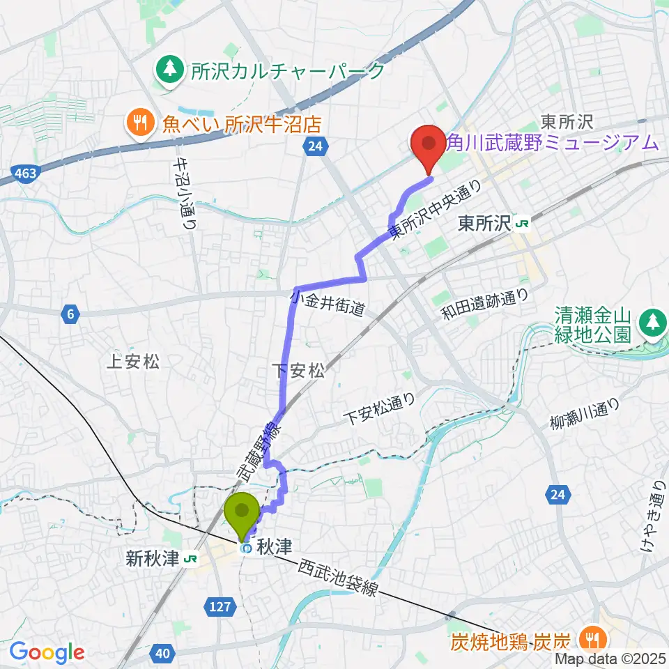 秋津駅からところざわサクラタウン・ジャパンパビリオンへのルートマップ地図
