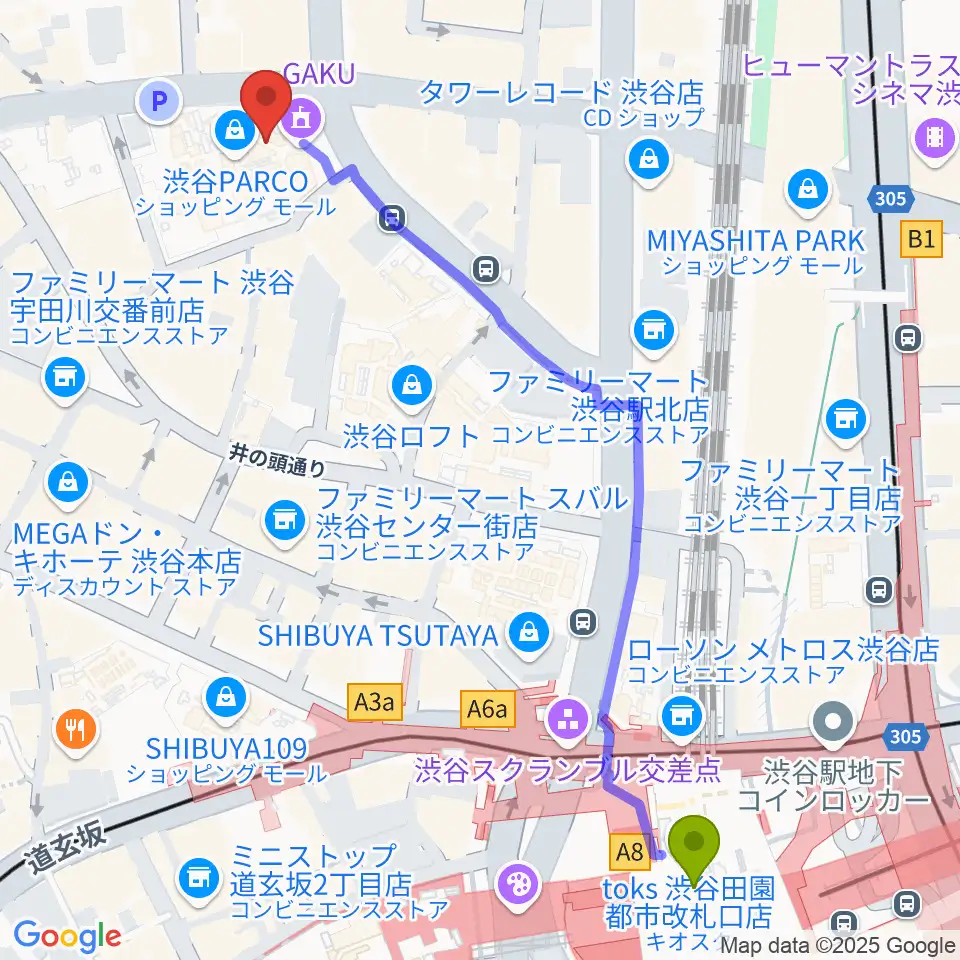 渋谷SUPER DOMMUNEの最寄駅渋谷駅からの徒歩ルート（約7分）地図