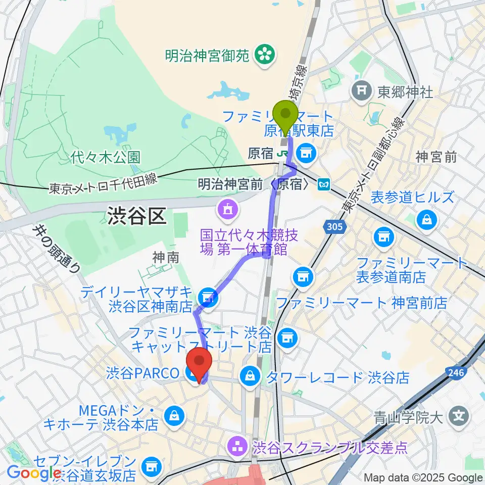 原宿駅から渋谷SUPER DOMMUNEへのルートマップ地図