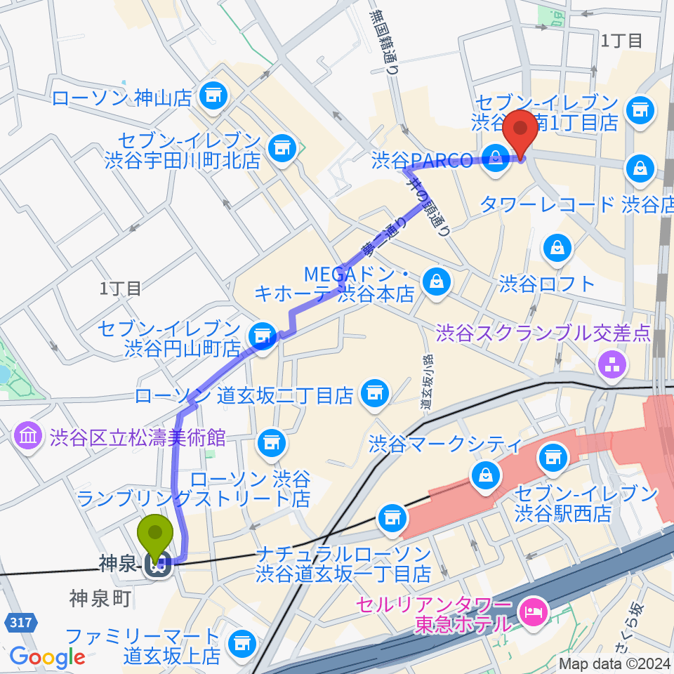 神泉駅から渋谷SUPER DOMMUNEへのルートマップ地図