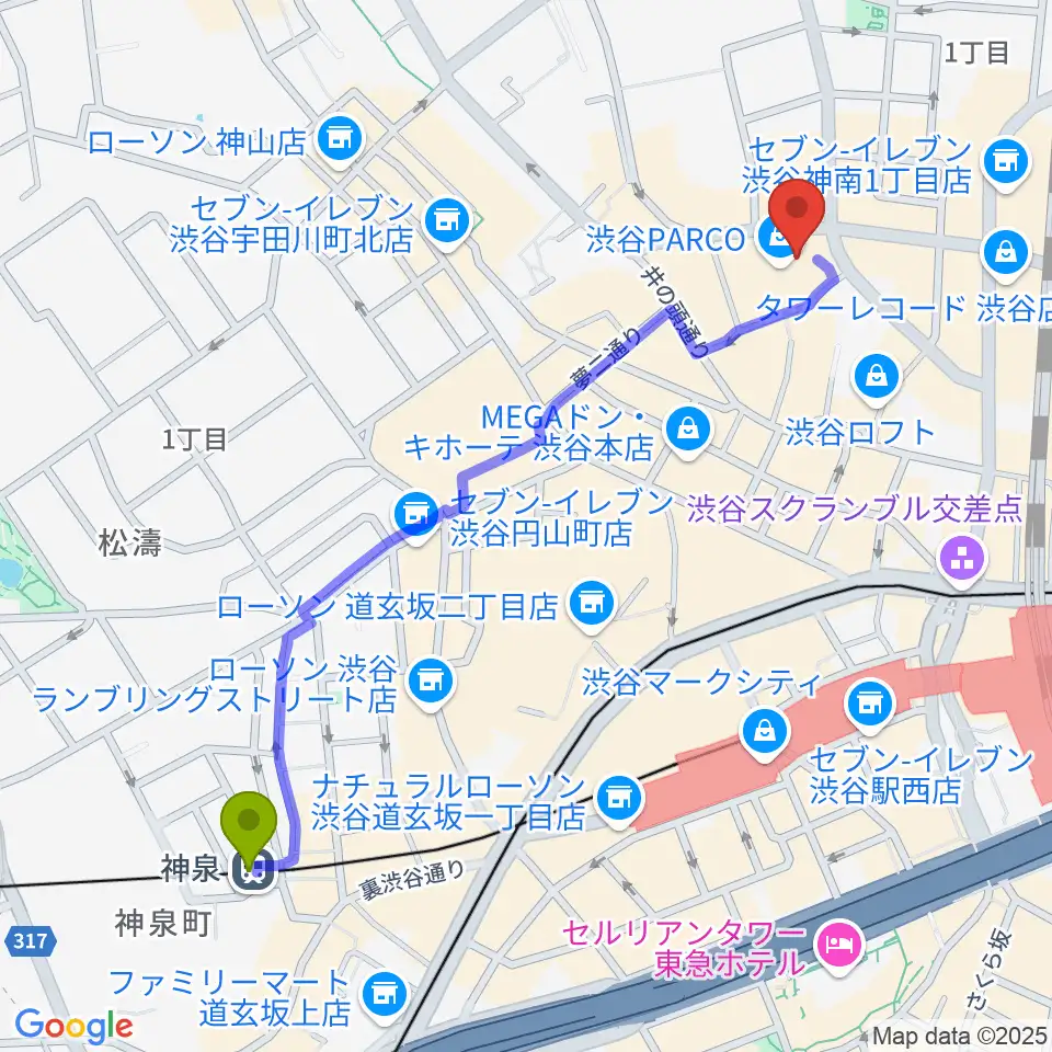 神泉駅から渋谷SUPER DOMMUNEへのルートマップ地図