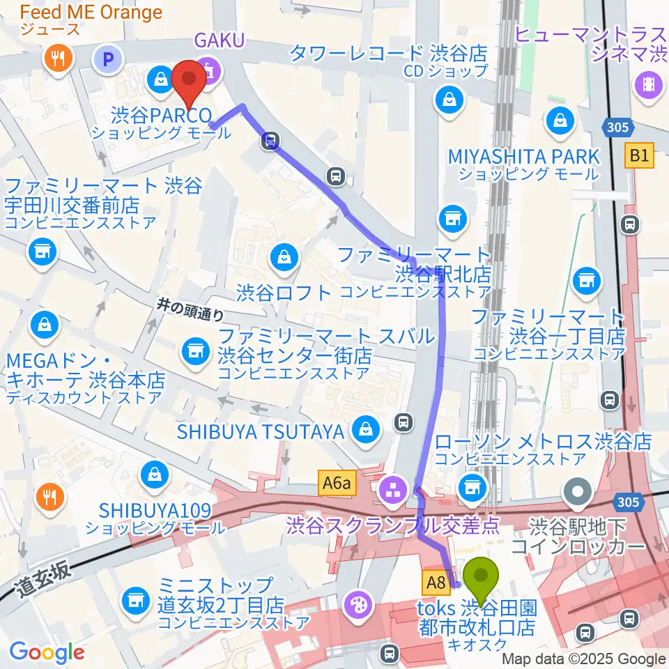 ユニオンレコード渋谷の最寄駅渋谷駅からの徒歩ルート（約7分）地図