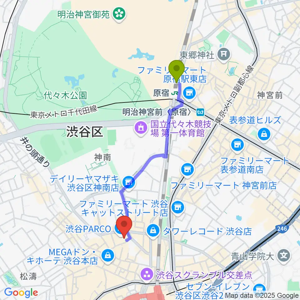 原宿駅からユニオンレコード渋谷へのルートマップ地図