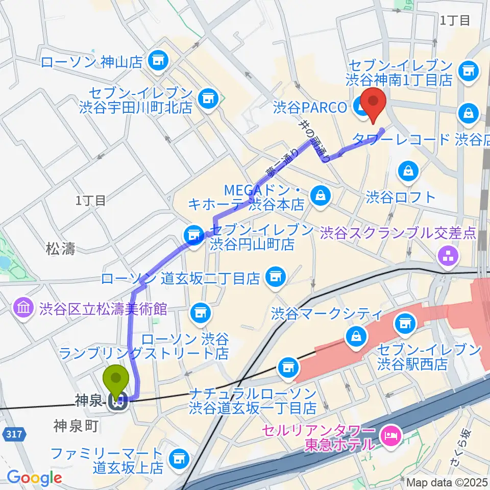 神泉駅からユニオンレコード渋谷へのルートマップ地図