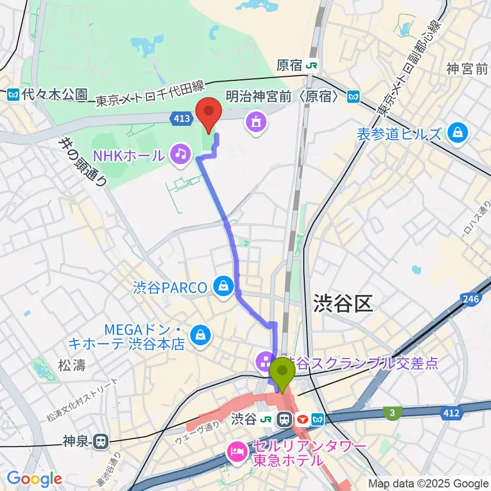 渋谷駅から国立代々木競技場フットサルコートへのルートマップ地図