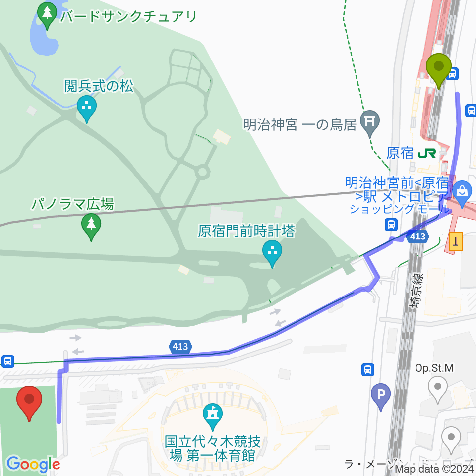 国立代々木競技場フットサルコートの最寄駅原宿駅からの徒歩ルート（約9分）地図
