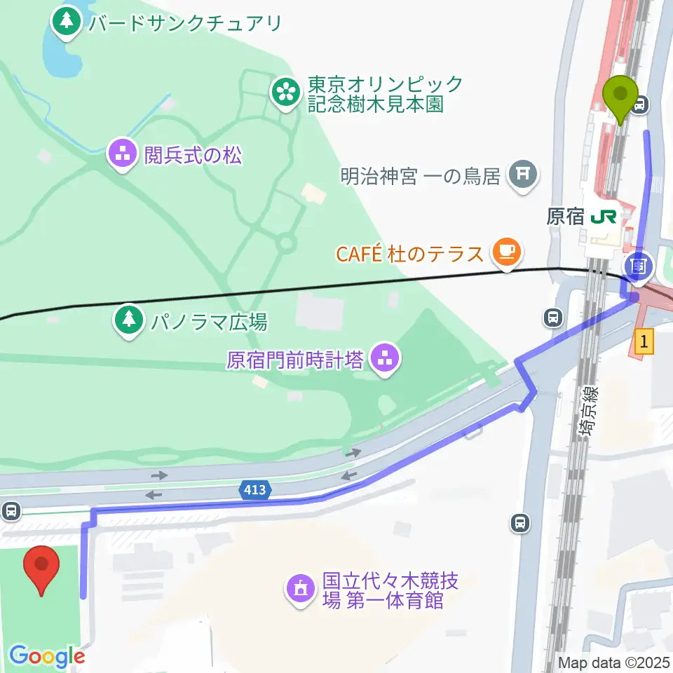 国立代々木競技場フットサルコートの最寄駅原宿駅からの徒歩ルート（約9分）地図