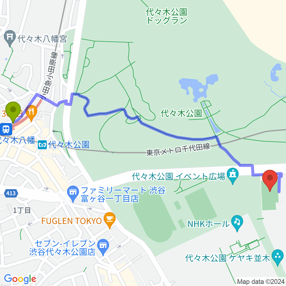 代々木八幡駅から国立代々木競技場フットサルコートへのルートマップ地図
