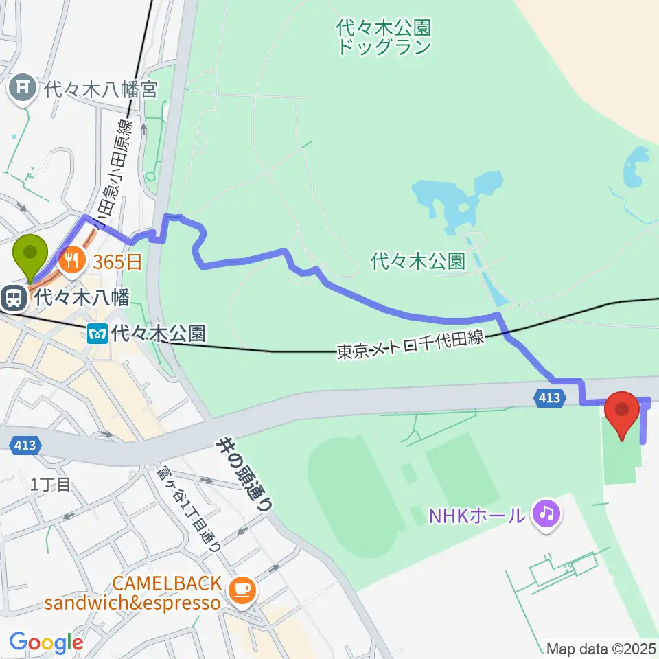 代々木八幡駅から国立代々木競技場フットサルコートへのルートマップ地図