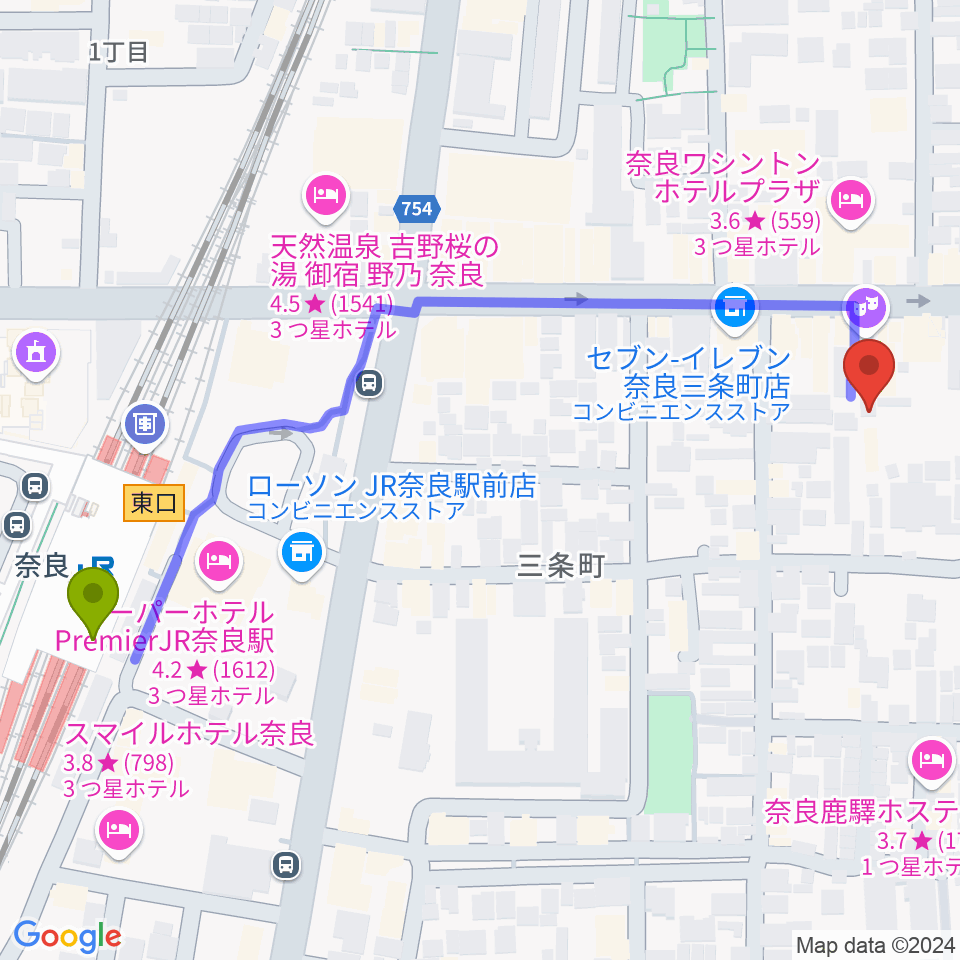 奈良EVANS CASTLE HALL の最寄駅奈良駅からの徒歩ルート（約7分）地図