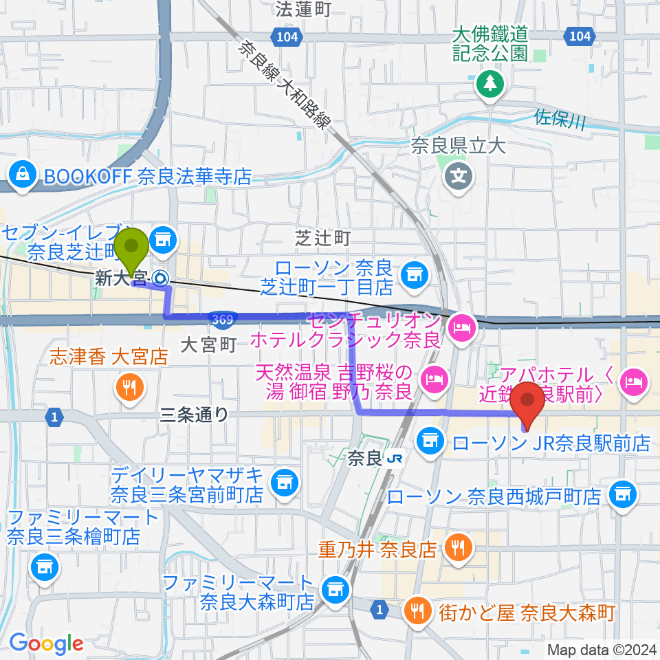 新大宮駅から奈良EVANS CASTLE HALL へのルートマップ地図