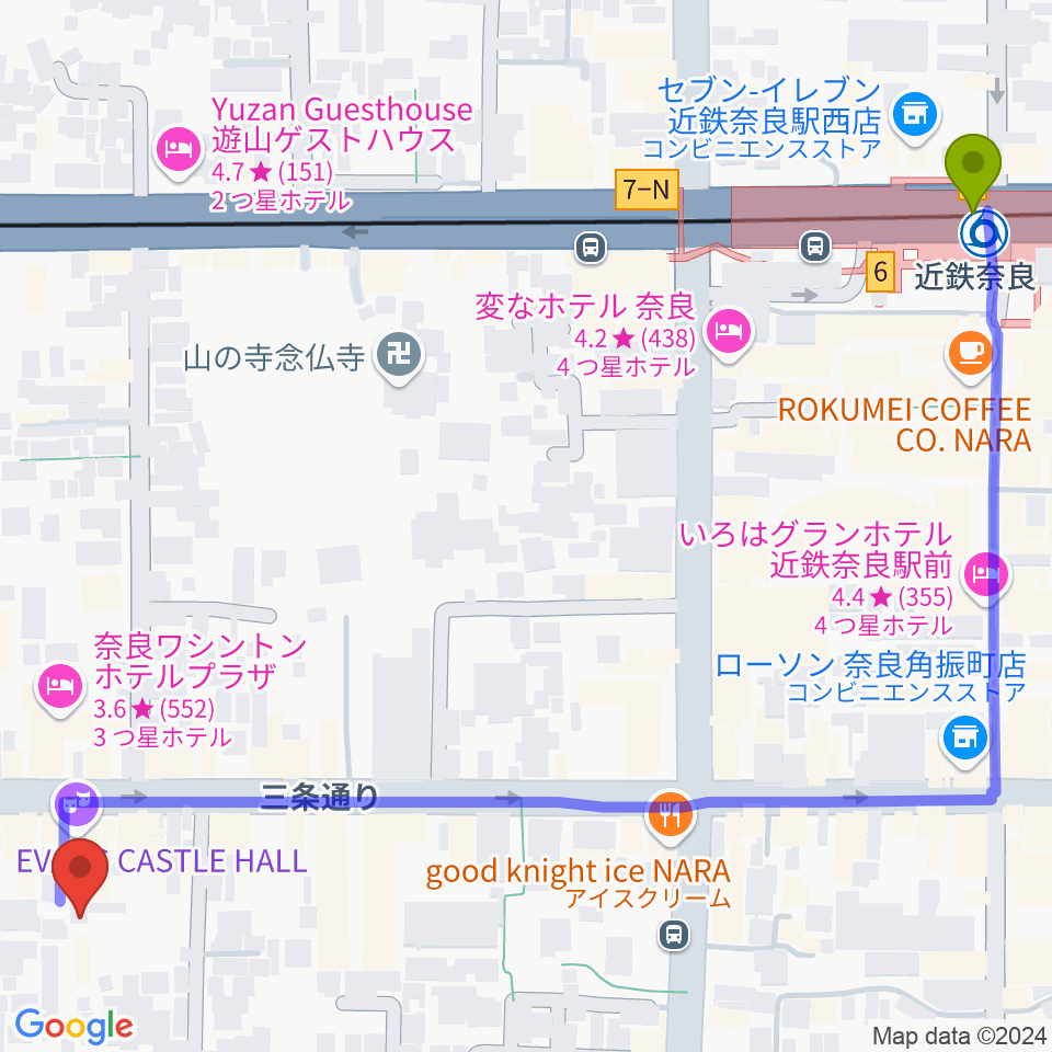 近鉄奈良駅から奈良EVANS CASTLE HALL へのルートマップ地図