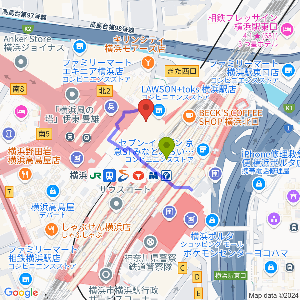 T・ジョイ横浜の最寄駅横浜駅からの徒歩ルート（約1分）地図