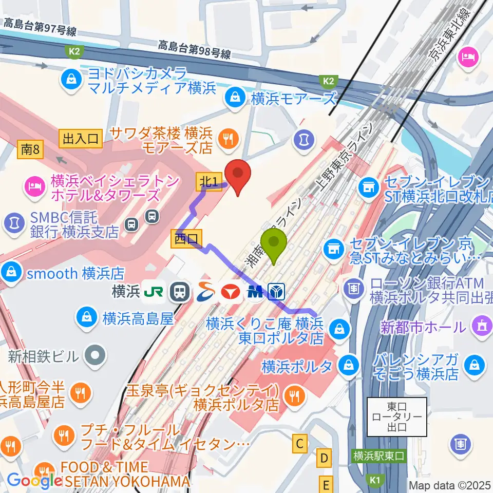 T・ジョイ横浜の最寄駅横浜駅からの徒歩ルート（約1分）地図