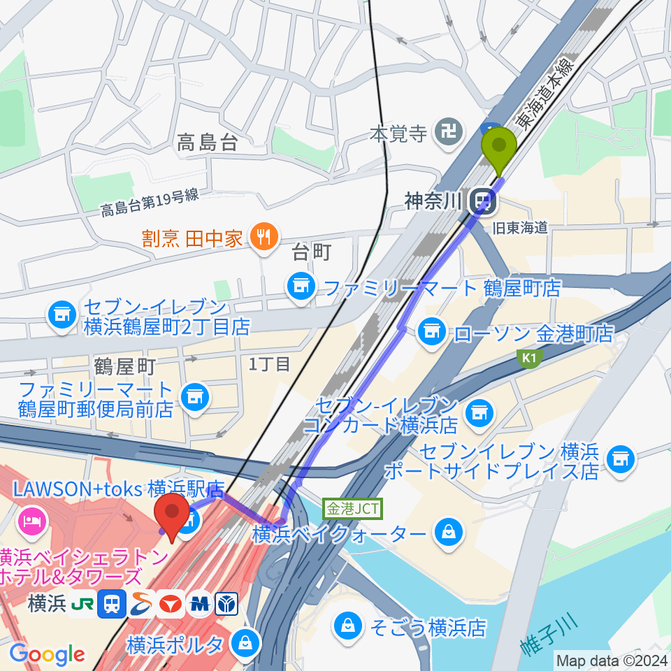 神奈川駅からT・ジョイ横浜へのルートマップ地図