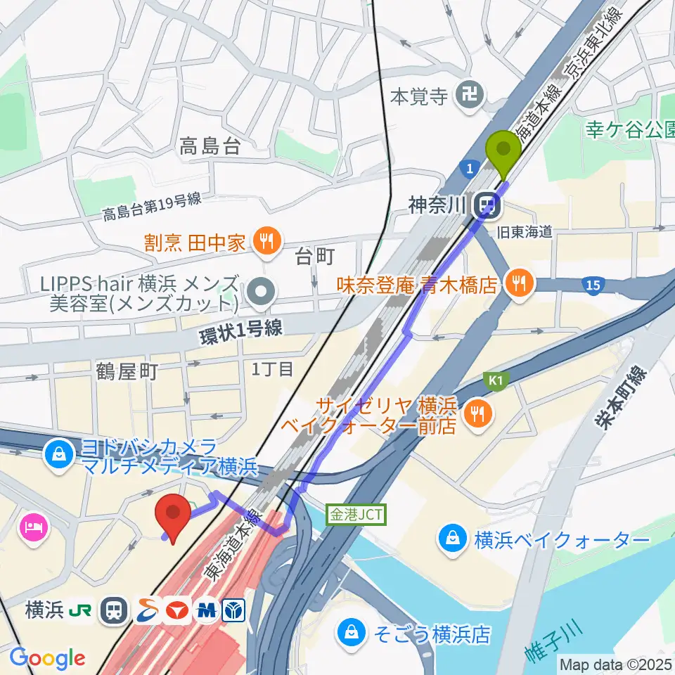 神奈川駅からT・ジョイ横浜へのルートマップ地図