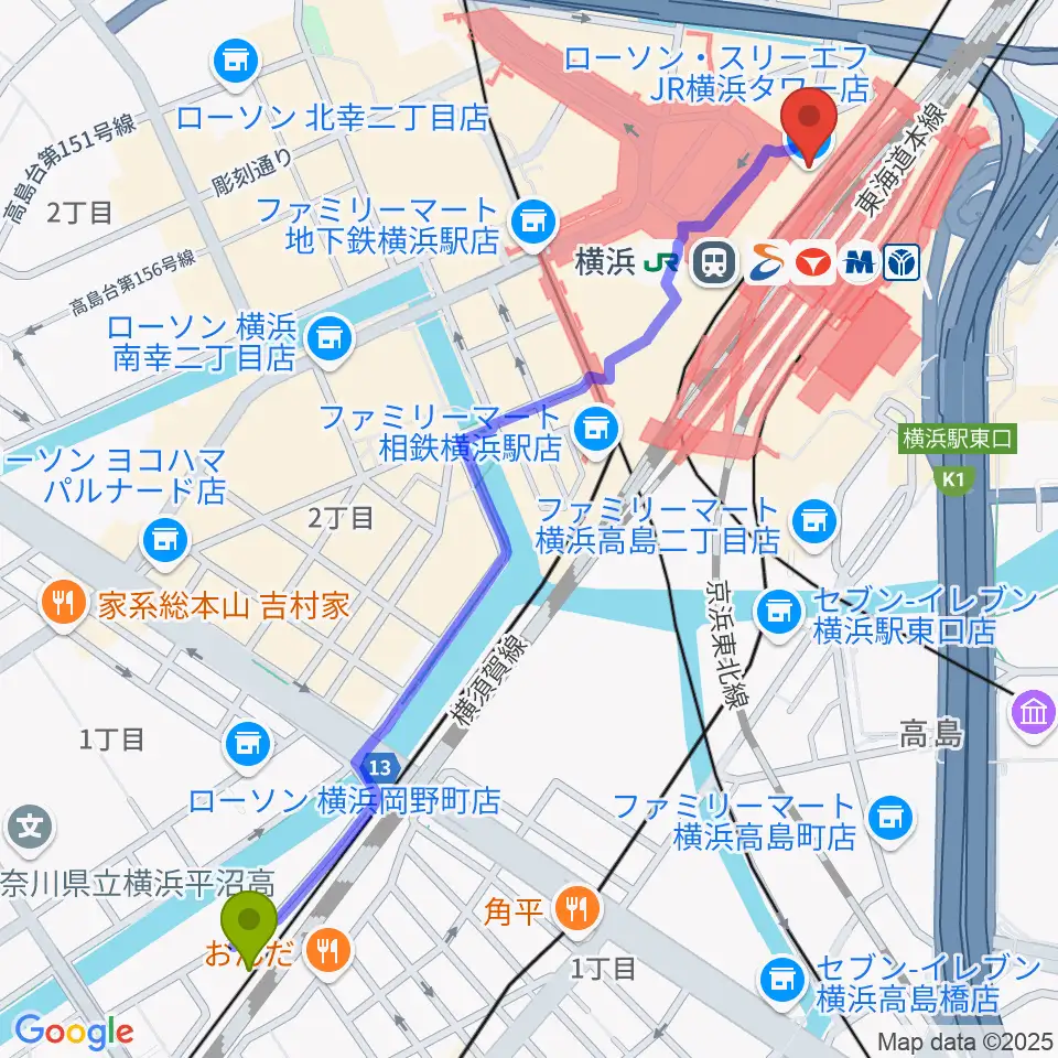 平沼橋駅からT・ジョイ横浜へのルートマップ地図