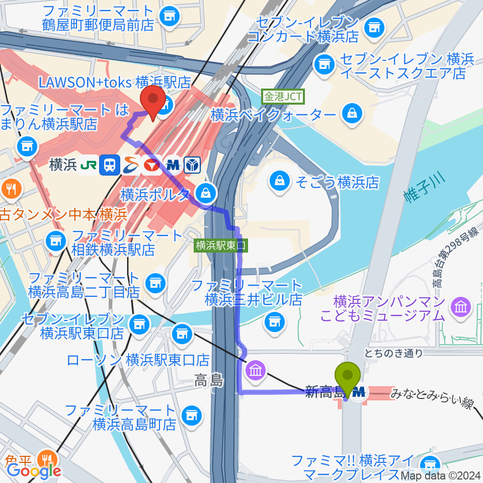 新高島駅からT・ジョイ横浜へのルートマップ地図