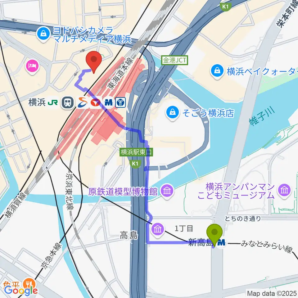 新高島駅からT・ジョイ横浜へのルートマップ地図