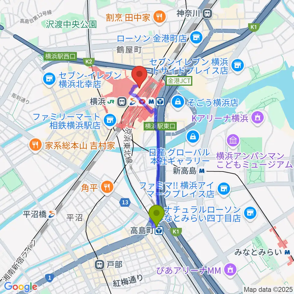 高島町駅からT・ジョイ横浜へのルートマップ地図