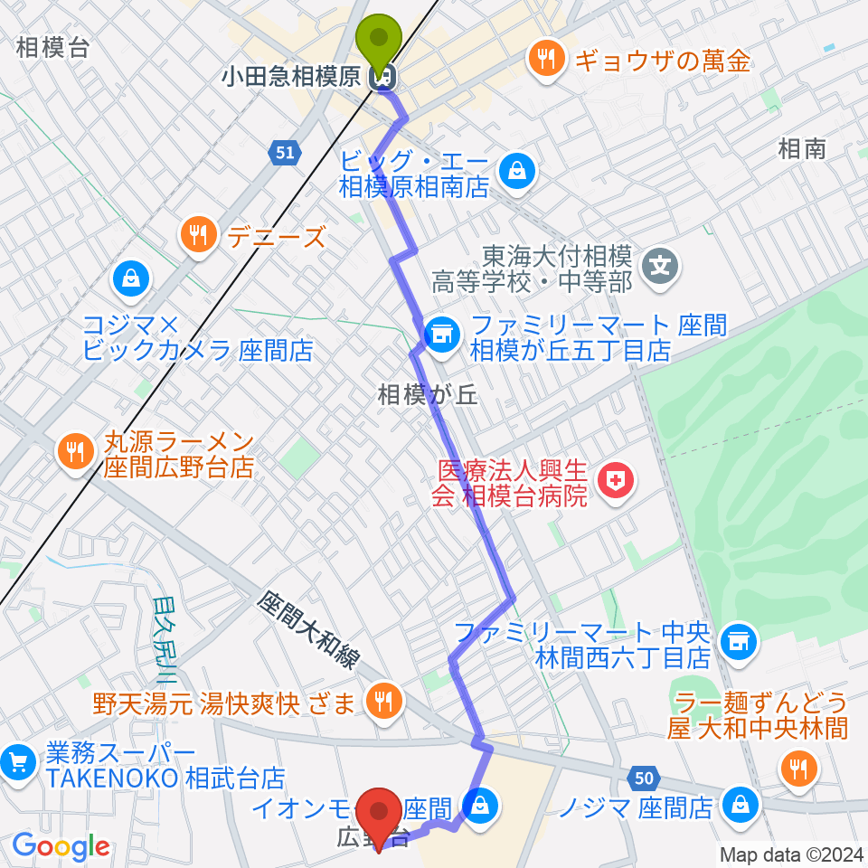 小田急相模原駅からイオンシネマ座間へのルートマップ地図