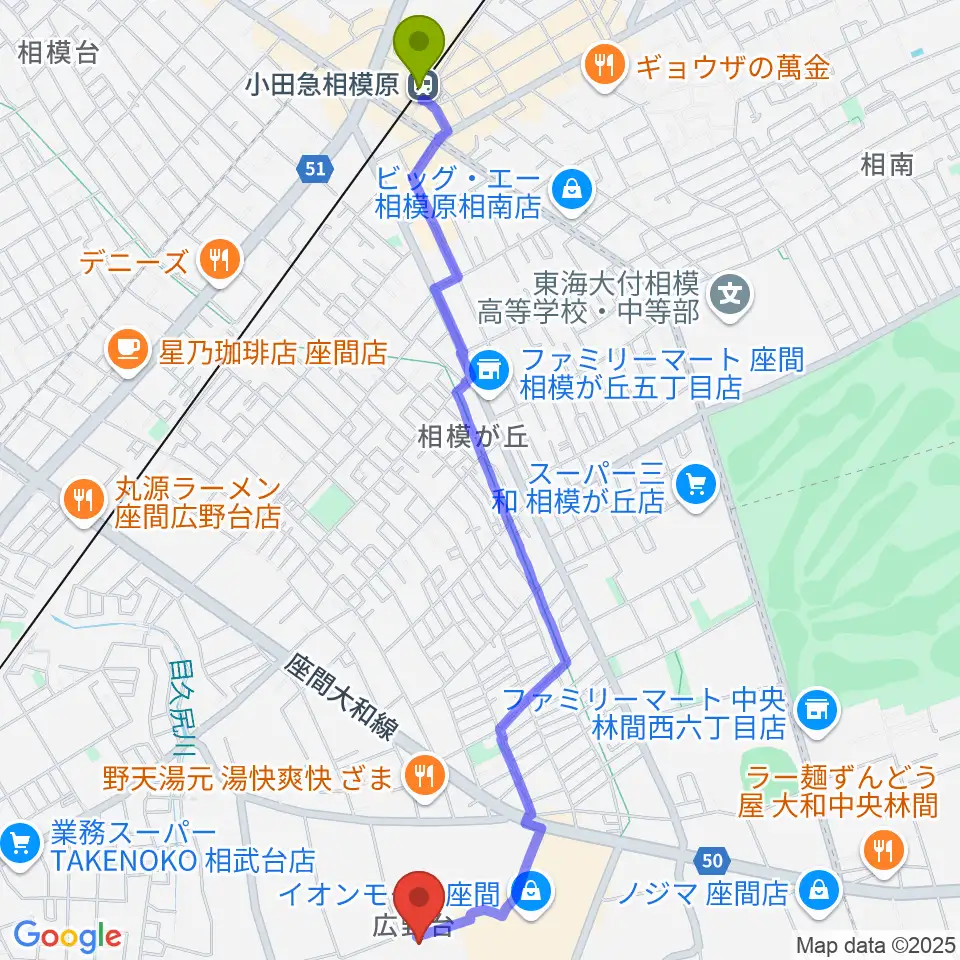 小田急相模原駅からイオンシネマ座間へのルートマップ地図