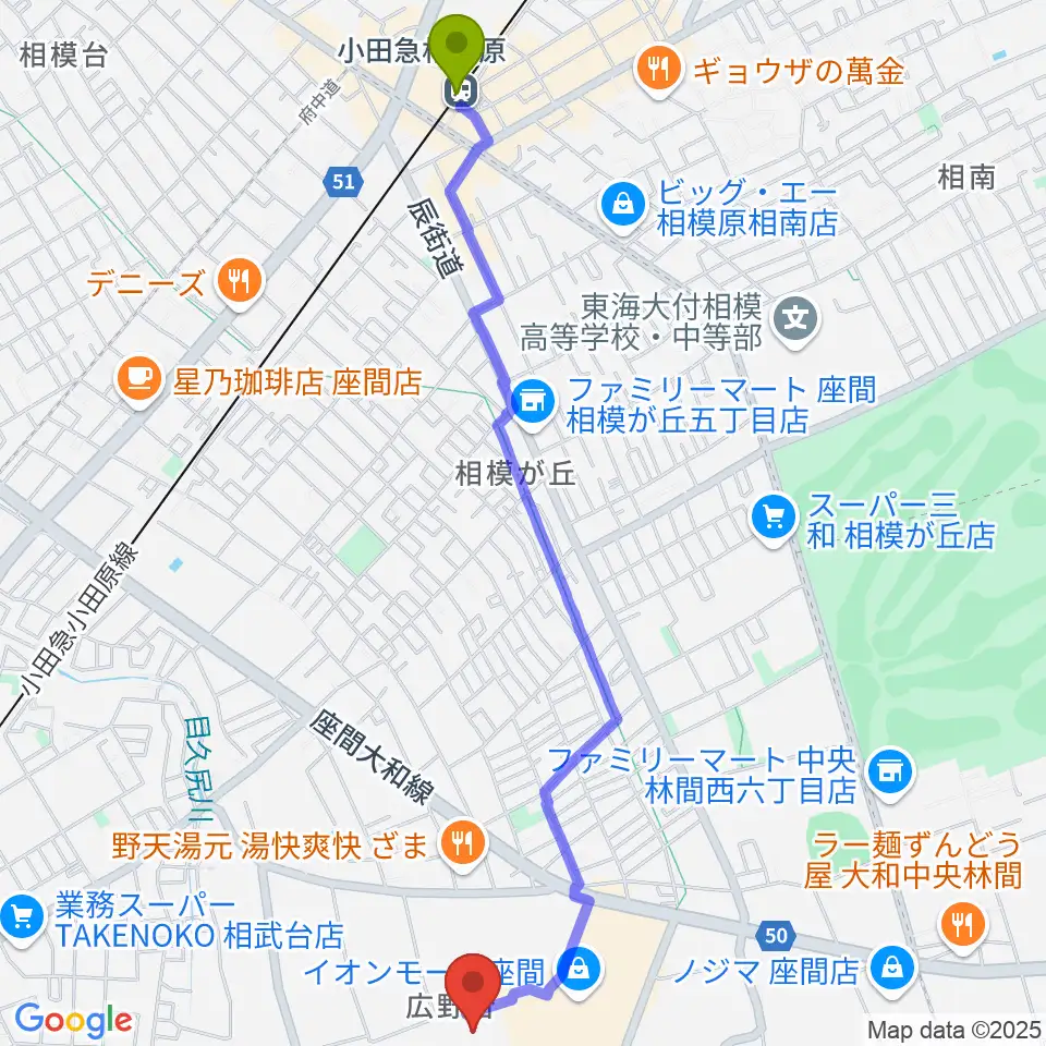 小田急相模原駅からイオンシネマ座間へのルートマップ地図