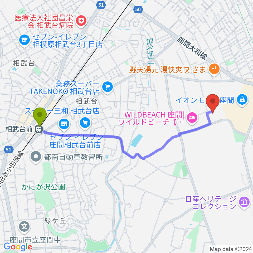 イオンシネマ座間の最寄駅相武台前駅からの徒歩ルート（約21分）地図