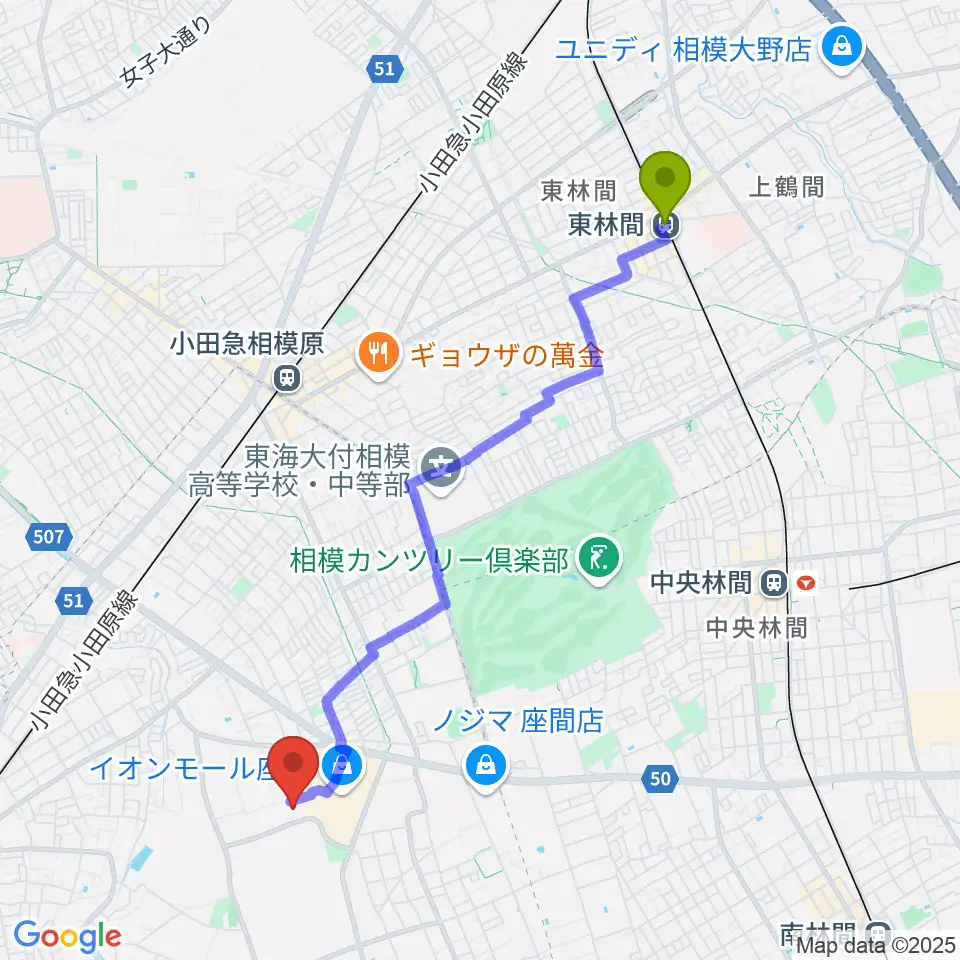東林間駅からイオンシネマ座間へのルートマップ地図