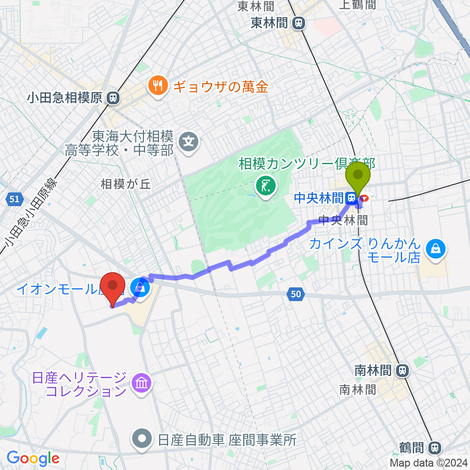 中央林間駅からイオンシネマ座間へのルートマップ地図