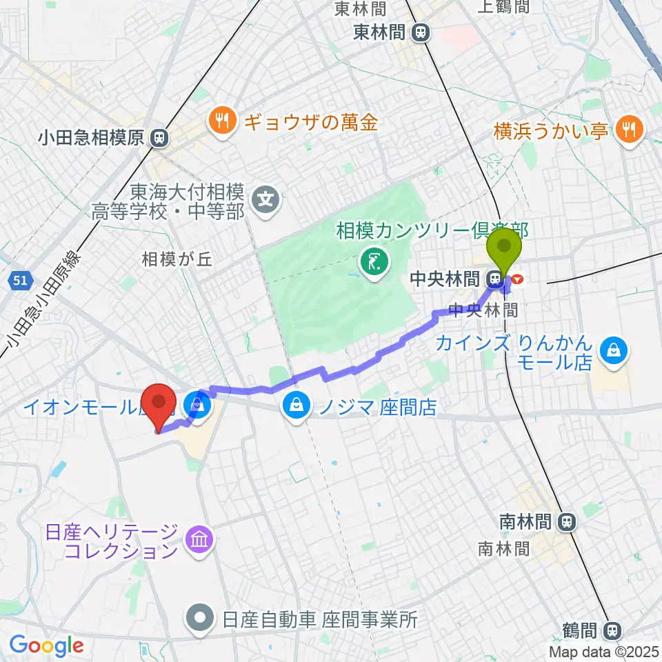 中央林間駅からイオンシネマ座間へのルートマップ地図