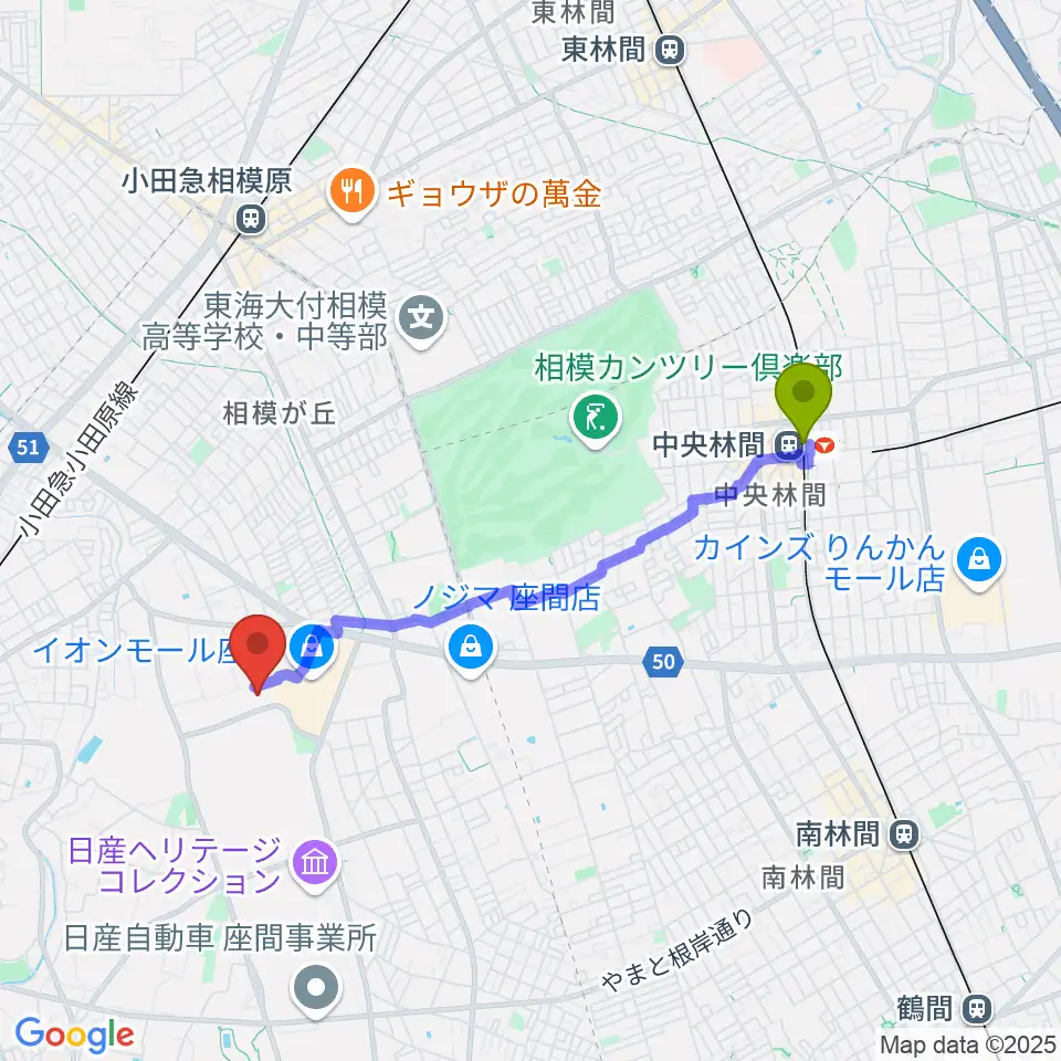 中央林間駅からイオンシネマ座間へのルートマップ地図