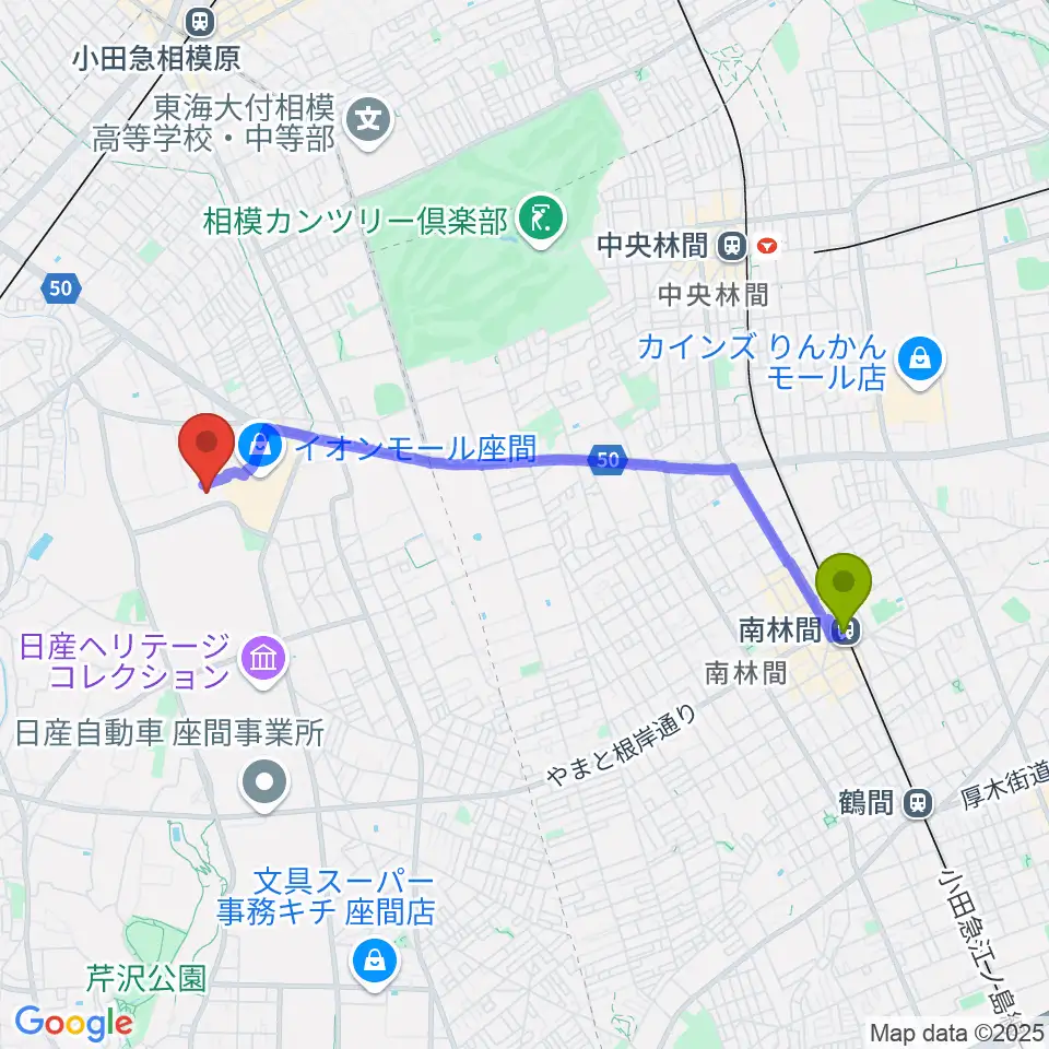南林間駅からイオンシネマ座間へのルートマップ地図