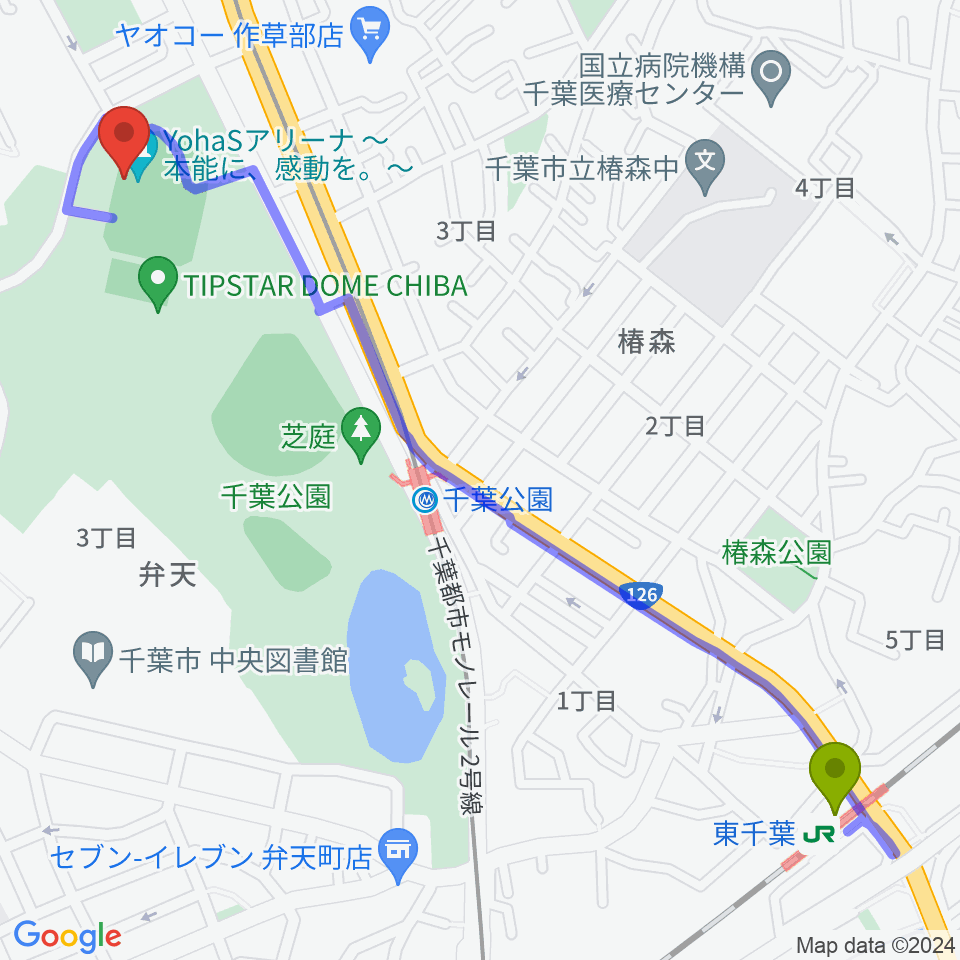 東千葉駅からYohaSアリーナ 本能に、感動を。へのルートマップ地図