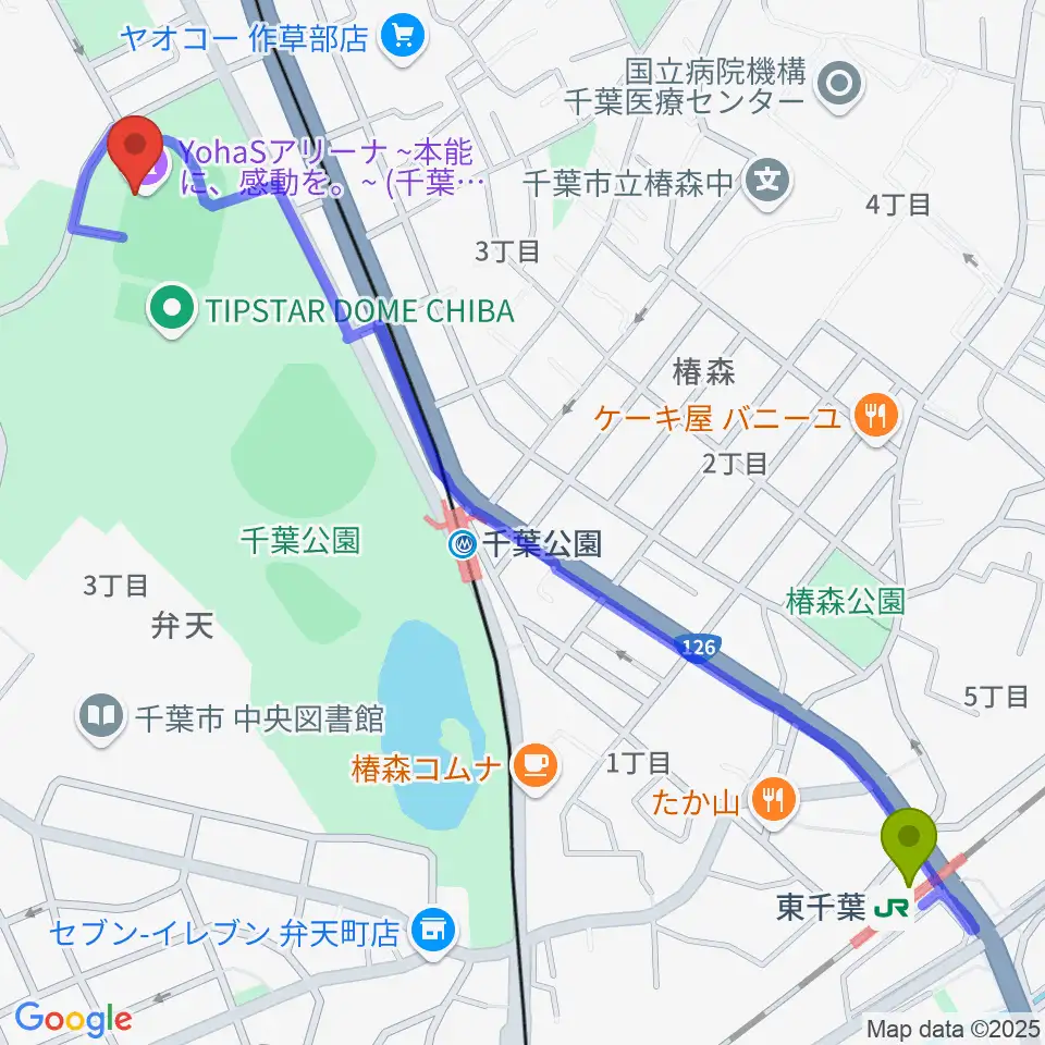 東千葉駅からYohaSアリーナ 本能に、感動を。へのルートマップ地図