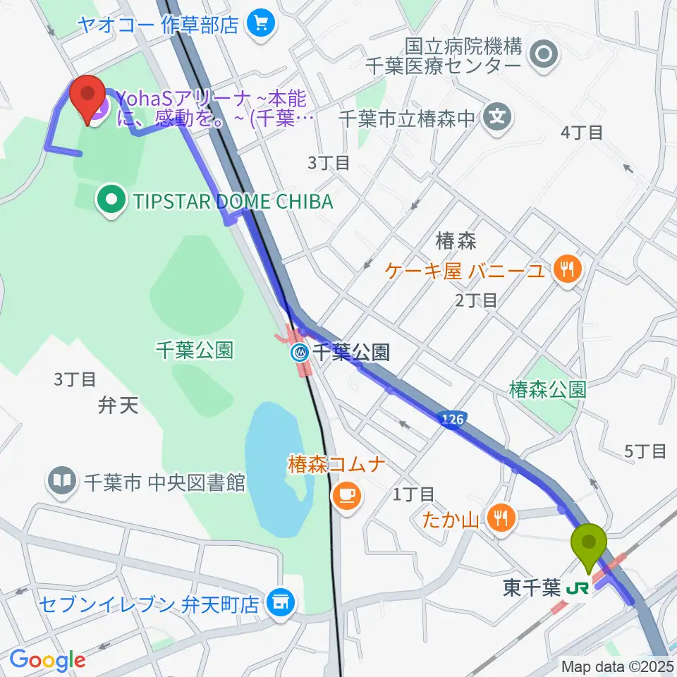東千葉駅からYohaSアリーナ 本能に、感動を。へのルートマップ地図