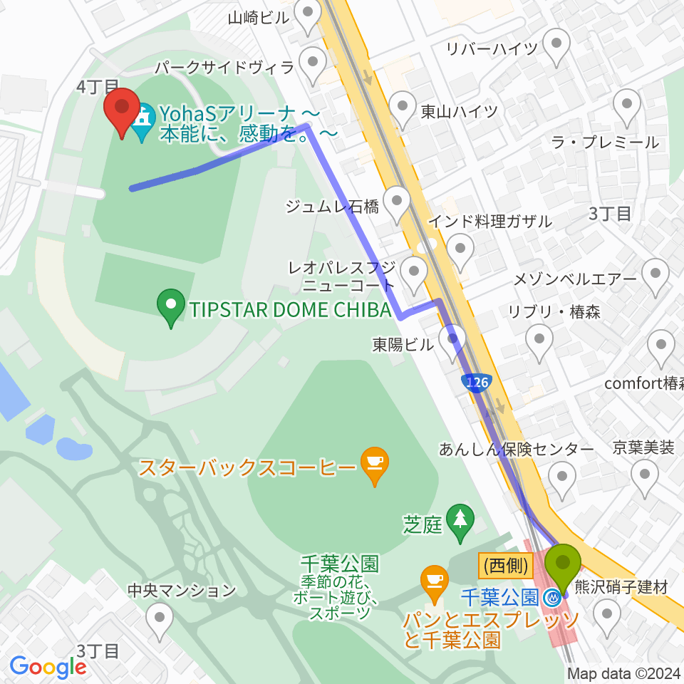 千葉公園駅からYohaSアリーナ 本能に、感動を。へのルートマップ地図