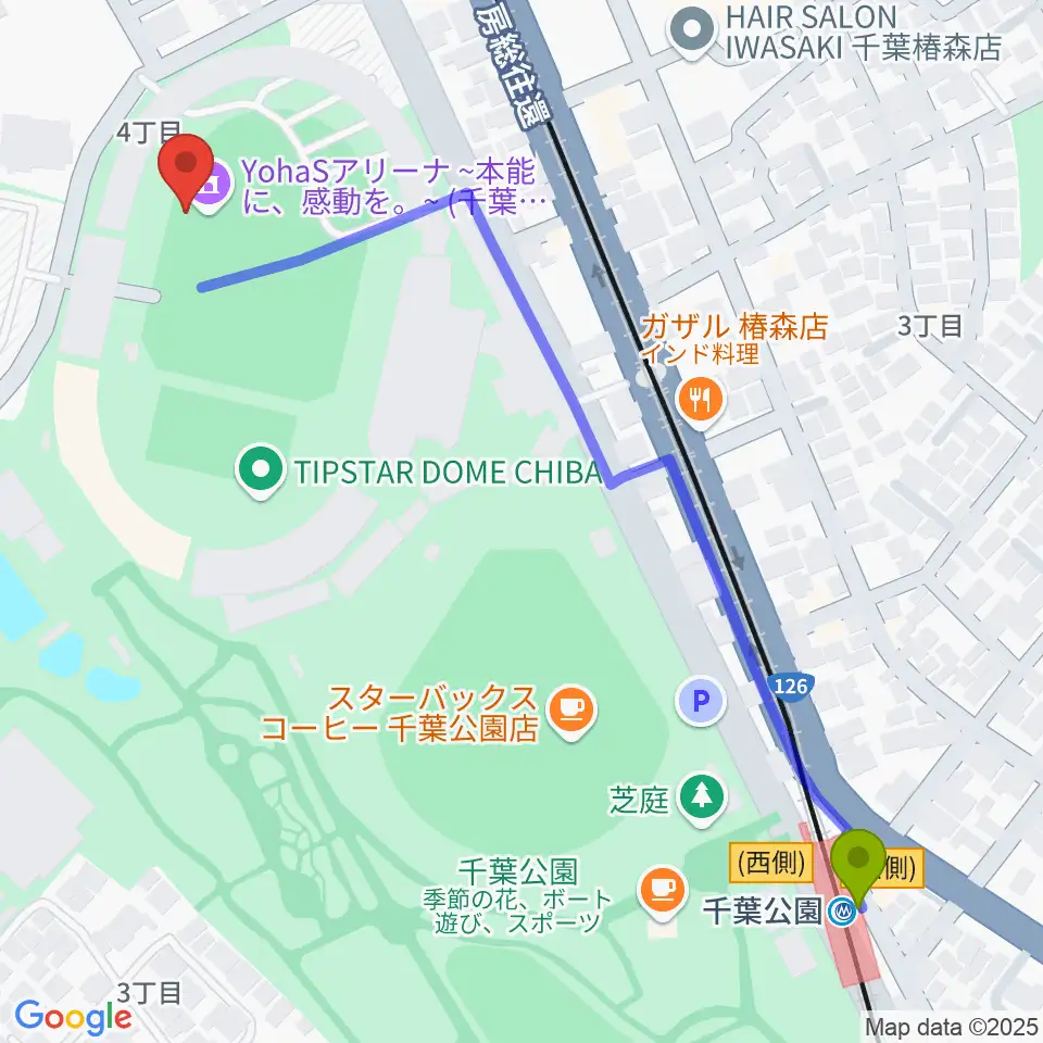 千葉公園駅からYohaSアリーナ 本能に、感動を。へのルートマップ地図