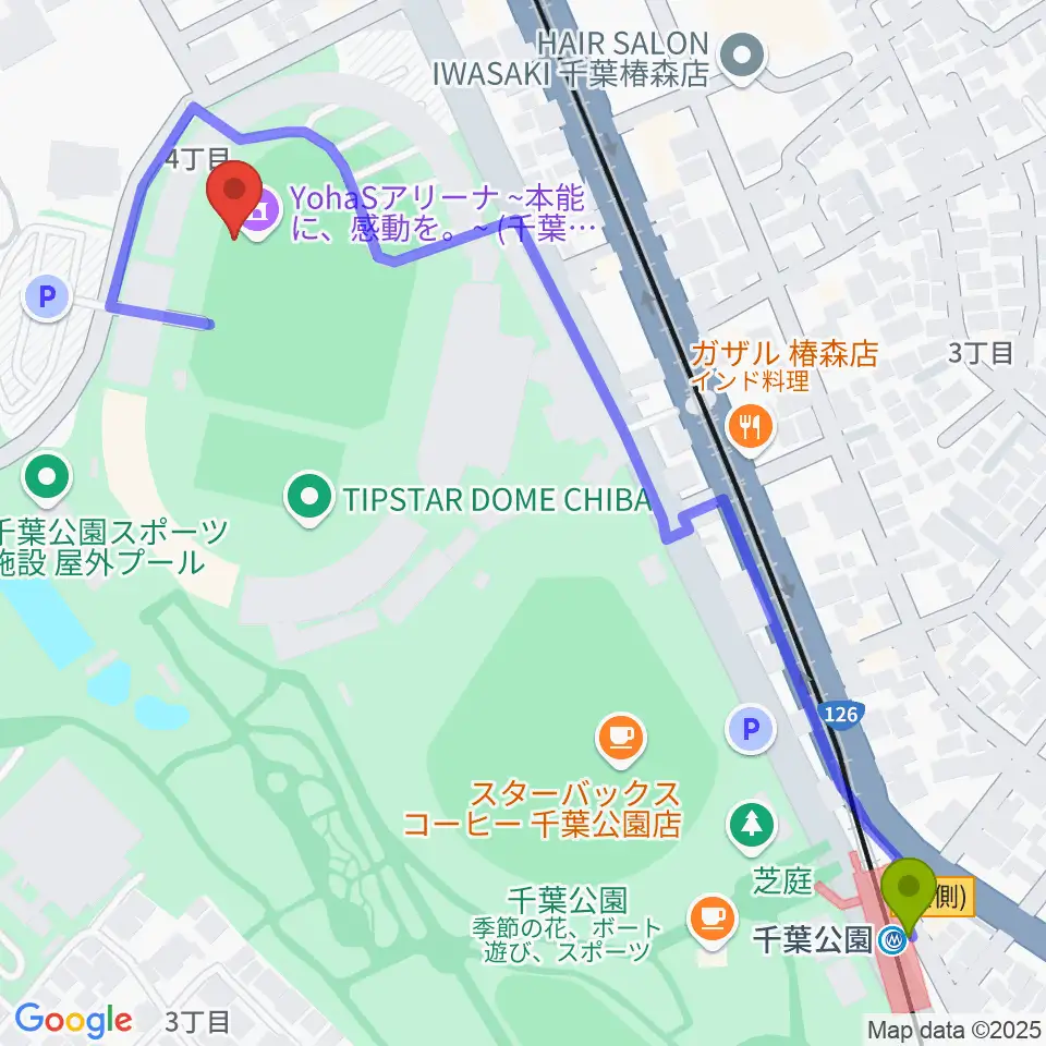 千葉公園駅からYohaSアリーナ 本能に、感動を。へのルートマップ地図
