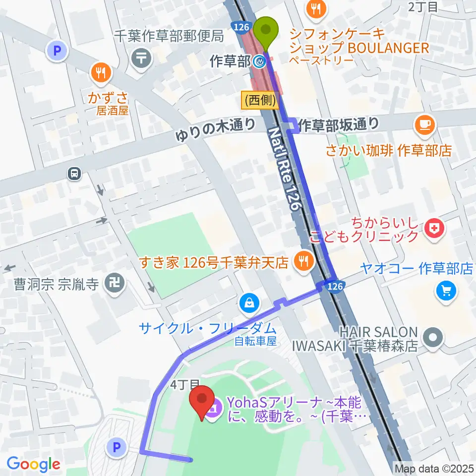YohaSアリーナ 本能に、感動を。の最寄駅作草部駅からの徒歩ルート（約6分）地図