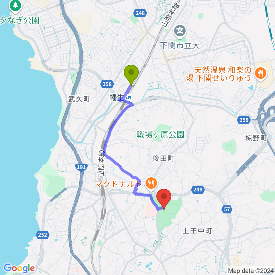 セービング陸上競技場の最寄駅幡生駅からの徒歩ルート（約29分）地図