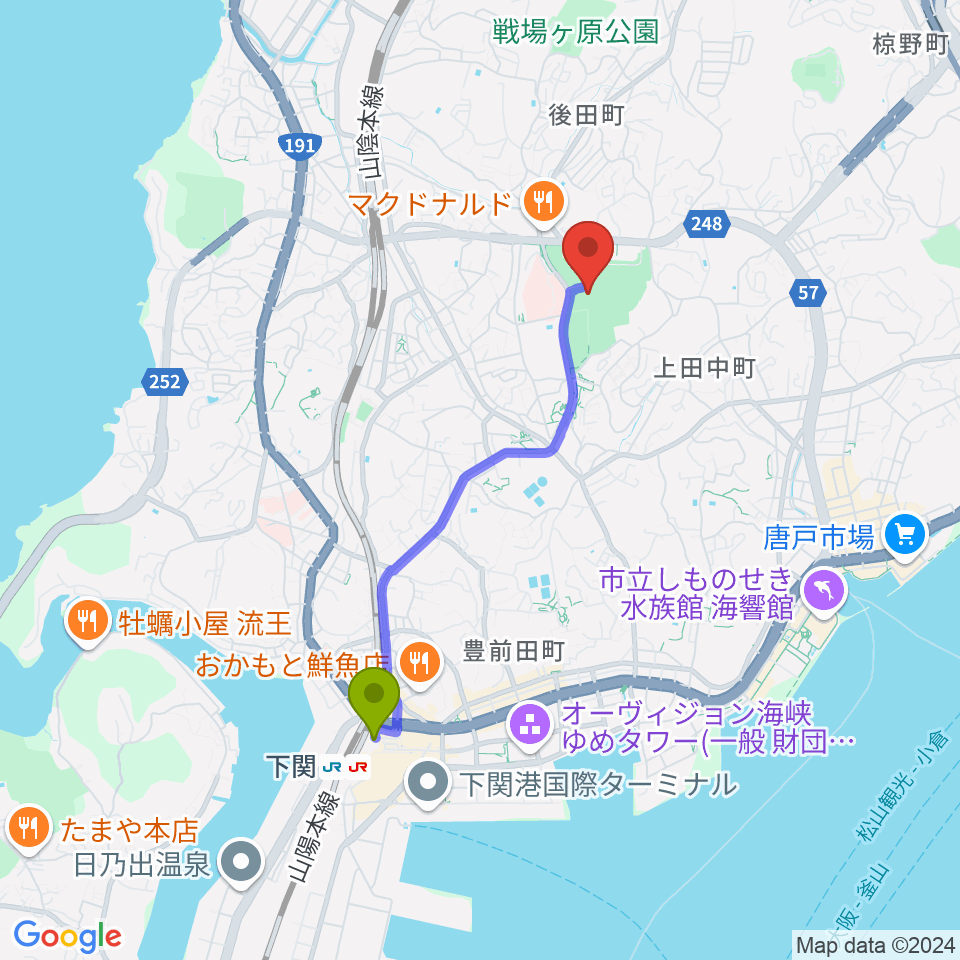 下関駅からセービング陸上競技場へのルートマップ地図