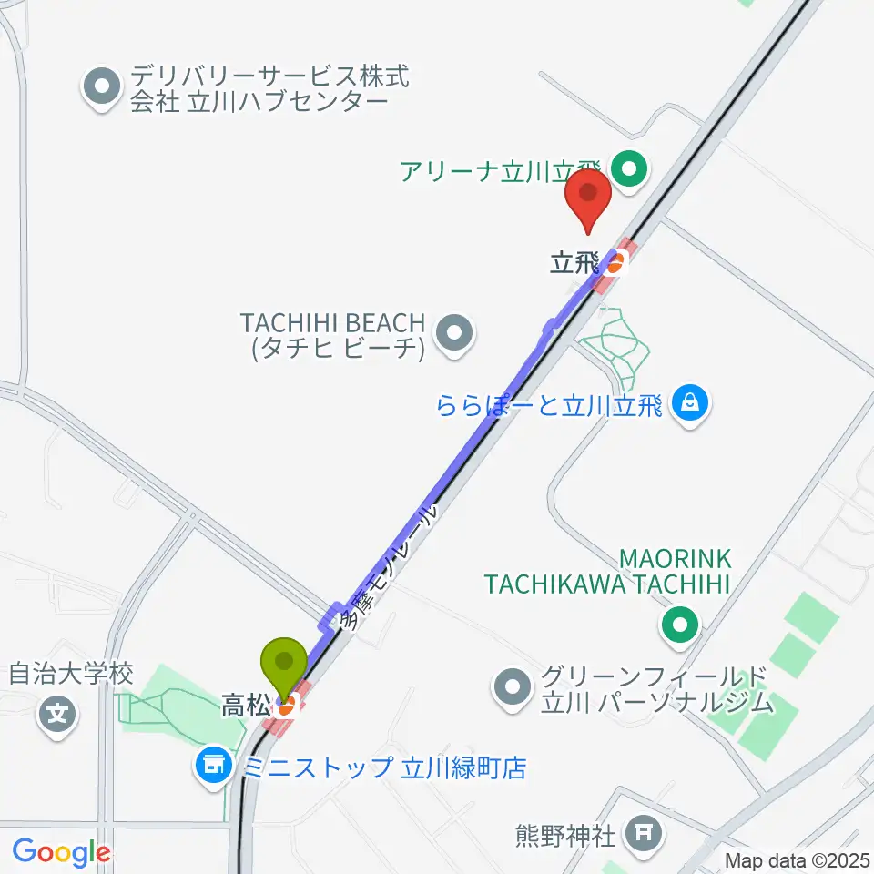 高松駅からドーム立川立飛へのルートマップ地図