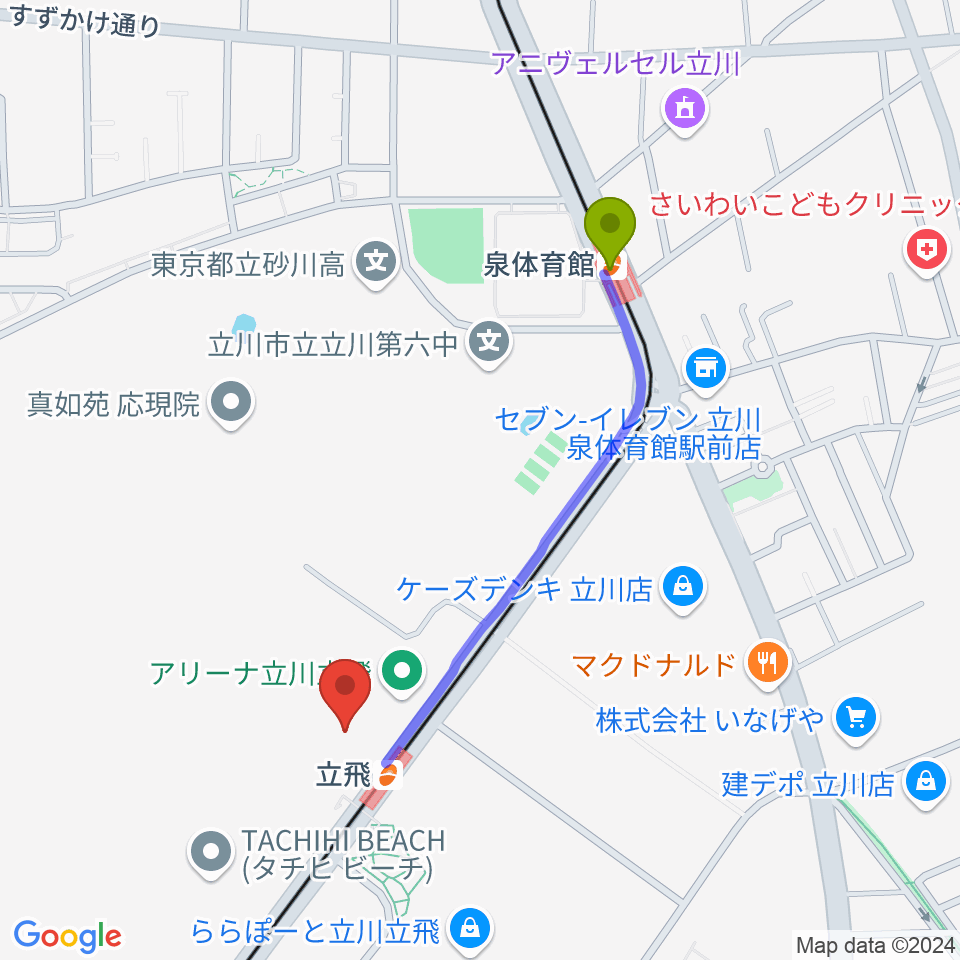 泉体育館駅からドーム立川立飛へのルートマップ地図